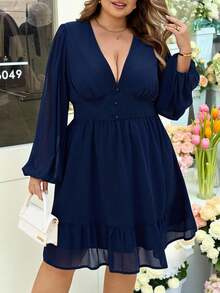 SHEIN CURVE+ Vestido con mangas de farol y volantes en el bajo para tallas grandes/Día de San Valentín - Azul - Ver 1