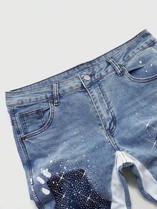 ROMWE MEN Street Life Quần jean denim nam dáng casual phối màu tương phản, đính đá lấp lánh, rách túi. - Màu xanh hải quân - Xem 3