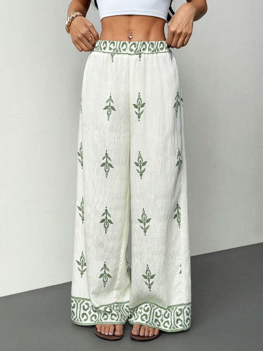 SHEIN PETITE Women's Print Wide Leg Pants, Summer - White - View 1