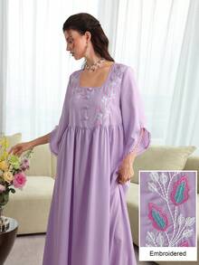 Yasmyna 优雅女士方领宽松花卉刺绣长袖摆裙，紫色 - 紫色 - 查看 6