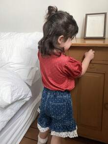 DAZY Baby Girls' Polka Dot Print Short Sleeve Ruffle Blouse, Summer New Arrival Cute Puff Sleeve Cardigan T-Shirt - Burgundy - View 2