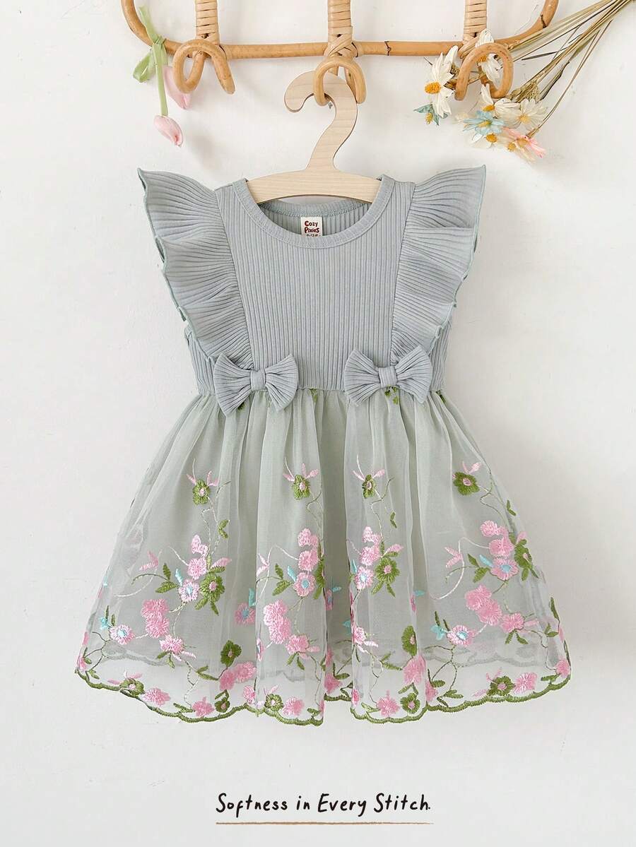 Cozy Pixies 女婴碎花圆领短袖收腰连衣裙 - 淺綠色 - 查看 1