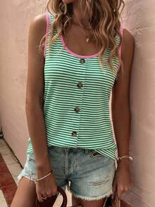 Selamara Nueva camiseta sin mangas de verano para mujer, de moda casual y versátil, con estampado floral a rayas y contraste de color en el cuello - Multicolor - Ver 4