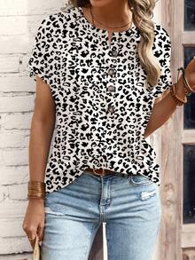 EMERY ROSE New Leopard Print Button V-Neck T-Shirt, Fashion Women Top - White - View 1