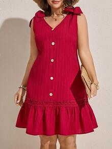 Comfylo Plus Tie Shoulder Fake Button Ruffle Hem Summer Outfits Dress - White - View 2