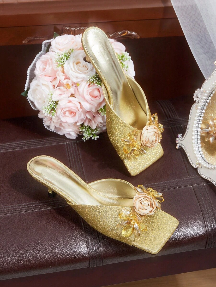 CUCCOO HITCHD Women's Summer New Floral Beaded Square Toe Kitten Heel Mules, Elegant & Versatile Wedding Shoes Summer Shoes Bride Shoes - Gold - View 1