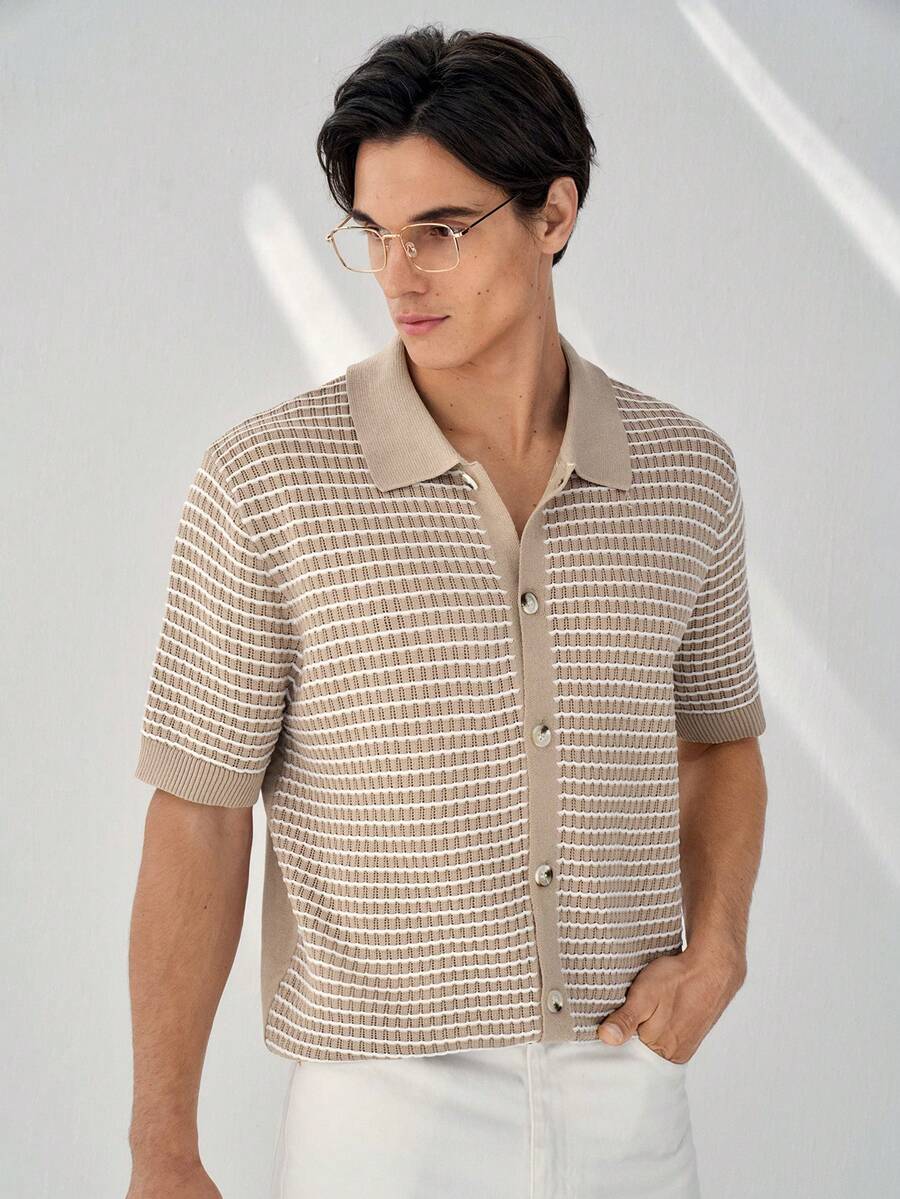 RONVEXI 男士撞色格纹印花纽扣短袖针织上衣 - 彩色 - 查看 1