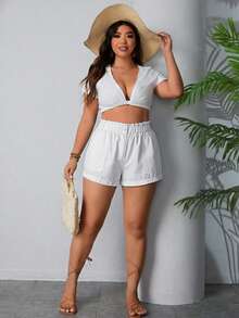 SHEIN Clasi Plus Size Summer Casual Solid Color Elastic Waist Big Pocket Denim Shorts - White - View 4