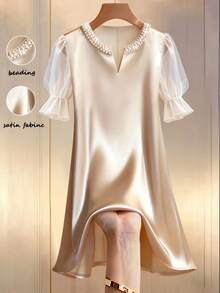 Franclia 女士镶钻V领泡泡袖A字迷你连衣裙，适合约会、度假、通勤、生日派对、商务等场合，中长款连衣裙 - 杏色 - 查看 1