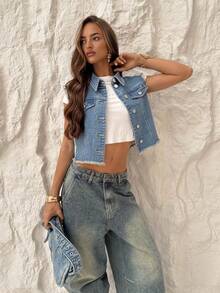 TRNVIE Women's Casual Retro Single-Breasted Frayed Hem Denim Vest, Summer - Medium Wash - View 7