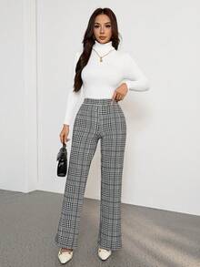 SHEIN PETITE 秋季优雅女士格子印花弹力针织裤，百搭款式，适合夏季度假、优雅旅行和日常通勤等多种场合，灰色长裤，秋季 - 黑與白 - 查看 11