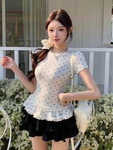 K-Vae Wave Striped Short Sleeve Cinched Waist New Knit Ballet Style Top - Beige - View 6