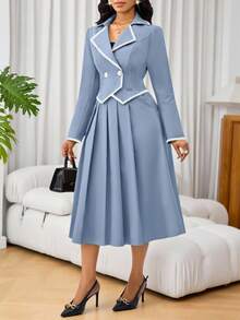 SHEIN Lady 优雅两件套套装，适合女士日常出行和各种场合，四季皆宜。毕业礼服、白色毕业礼服、毕业套装、节日套装、婚礼宾客礼服、女士生日礼服、商务休闲女装、节日礼服 - 藍色 - 查看 3