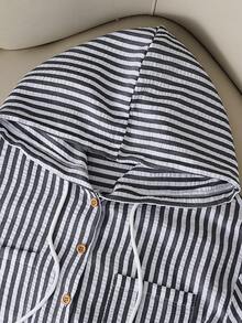 Resyla Camisa con capucha holgada con cordón de rayas azules y blancas para mujer, nueva para primavera/otoño - Blanco y Negro - Ver 4