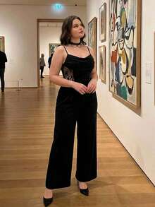 SHEIN MOD Plus Size Draped Neck Black Jumpsuit,Retro Lace Hollow Out, Wide Leg Jumpsuit, Wedding, Fall/Winter Jumpsuit, Teacher Old Money Style Business Casual Brunch Going Out Formal Jumpsuit - Black - View 3