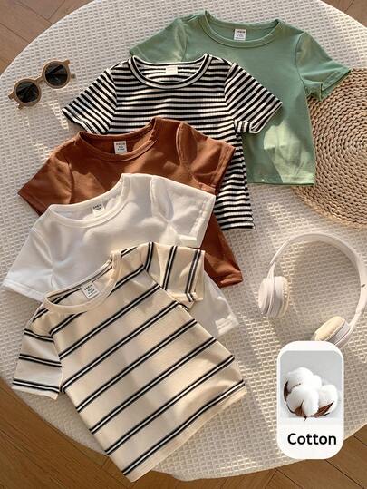 SHEIN 5pcs/Pack Unisex Baby Clothes, Cute Casual Versatile Knitted Striped Short Sleeve T-Shirts, Multi-Color, Suitable For Summer & Spring