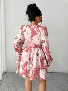 Elenzga Plus Size Women Floral V-Neck Petal Sleeve Double Ruffle Hem Dress - Dusty Pink - View 2