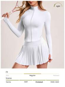 CourtClass Women's Minimalist Solid Color Zip-Up Jacket And Pleated Skirt Tennis Outfit, 2pcs Set - White - View 4