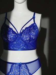 SHEIN 2pcs Plus Size Sexy Lace Patchwork Lingerie Set - Blue - View 8