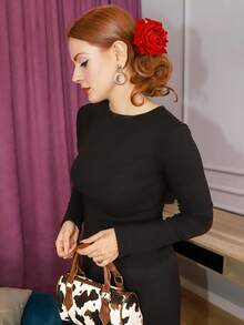 Gretanique 纯色圆领修身保暖长袖女式上衣，带保暖内衬 - 黑色 - 查看 4