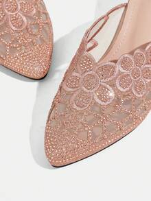 CUCCOO TILAWA Women's Elegant Spring/Autumn Gold Plaid Contrast Mesh Rhinestone Embellished High Heel Mules - Rose Gold - View 6