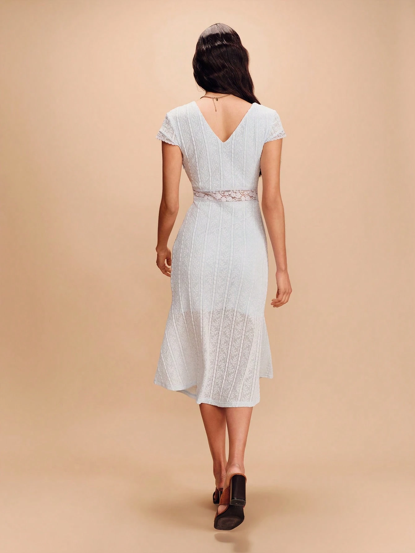 Blue Textured Knit V Neck Midi Dress With Lace Insert Details Spring Summer Chic Spring Summer Vacation French Style Parisian Style Wedding Guest Dress