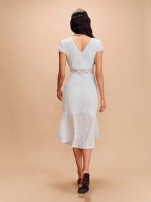 lacRébo Blue Textured Knit V Neck Midi Dress With Lace Insert Details Spring Summer Chic Spring Summer Vacation French Style Parisian Style Wedding Guest Dress - Blue - View 2