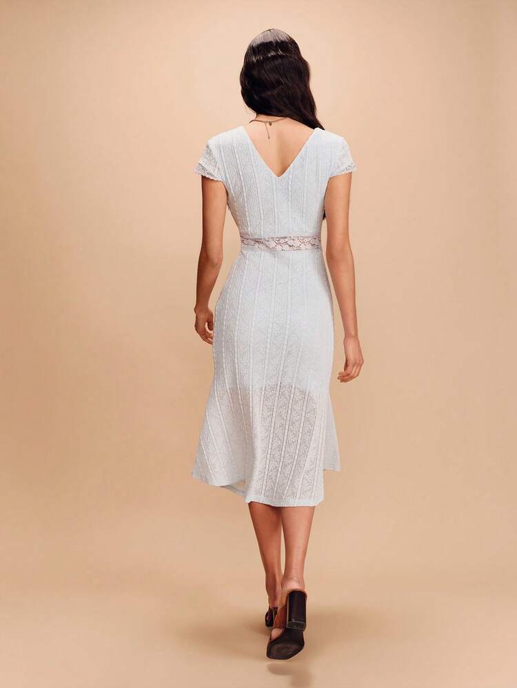 Blue Textured Knit V Neck Midi Dress With Lace Insert Details Spring Summer Chic Spring Summer Vacation French Style Parisian Style Wedding Guest Dress