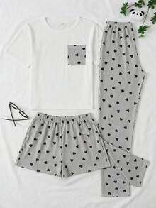 SHEIN Botanical Aesthetic: 3 PiecesLaurel Heart Print Pajama Set With Pocket Tee, Trousers & Shorts - Grey - View 1