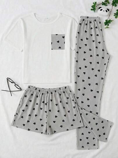 SHEIN Botanical Aesthetic: 3 PiecesLaurel Heart Print Pajama Set With Pocket Tee, Trousers & Shorts