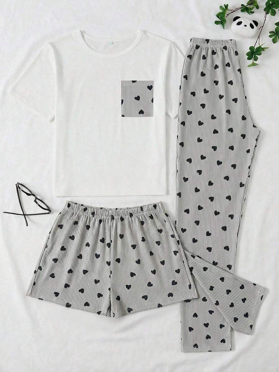 SHEIN Botanical Aesthetic: 3 PiecesLaurel Heart Print Pajama Set With Pocket Tee, Trousers & Shorts - Grey - View 1