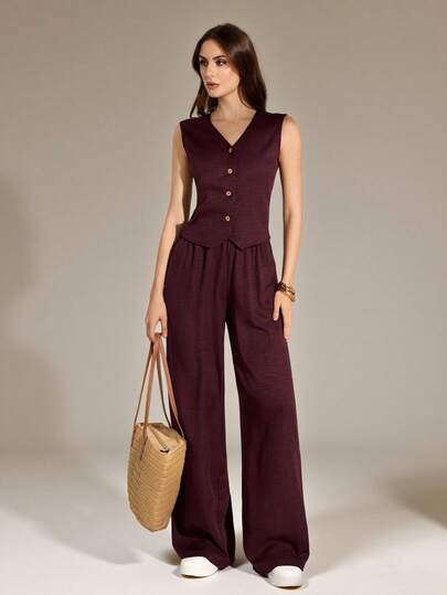 SHEIN Tall 1 Set Solid V-Neck Front Button Sleeveless Top And Long Pants Casual 2 Piece Outfit, Plum Burgundy Pant Suit Summer Sets Linen Jumpsuit Women Sleeveless Jumpsuit Purple Women Jump Suit Work Jumpsuits For Woman