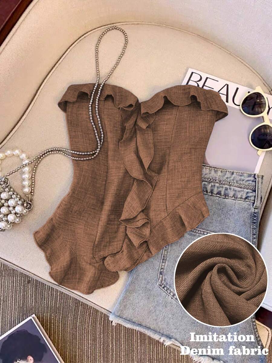 GlowEve 女士优雅不对称荷叶边抹胸上衣，适合夏季度假 - 咖啡棕 - 查看 1