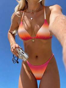 Swim Mod Conjunto de bikini de mujer con estampado de teñido anudado aleatorio, primavera/verano - Multicolor - Ver 2