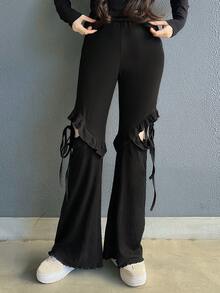 FRIFUL Women's Solid Black Side Slit Lace-Up Bow Flare Pants, Loose Casual Versatile Trousers - Black - View 6