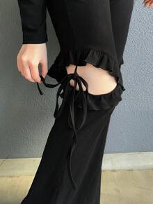 FRIFUL Women's Solid Black Side Slit Lace-Up Bow Flare Pants, Loose Casual Versatile Trousers - Black - View 7