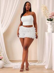 SHEIN SXY Quần short cỡ lớn in chấm bi, chất liệu lưới phối nhiều mảnh, co giãn, kiểu dáng công nghiệp, cạp cao xếp lớp, thích hợp mặc hàng ngày, trang phục phương Tây, trang phục đi du lịch, lễ hội âm nhạc, hòa nhạc, tiệc hóa trang, kỳ nghỉ biển, hẹn hò, sinh nhật, tiệc tùng, câu lạc bộ, dễ thương, giản dị, mua sắm, thời trang đường phố, đi chơi, dễ phối đồ và giúp thon gọn, tôn dáng, làm nổi bật vóc dáng, ngày Valentine. - trắng - Xem 5