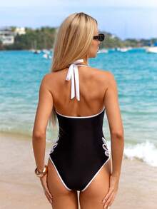 Swim Mod 1pc Women's Floral Hollow-Out Sexy Halter One-Piece Swimsuit, Summer Beach Vacation - Black and White - View 2
