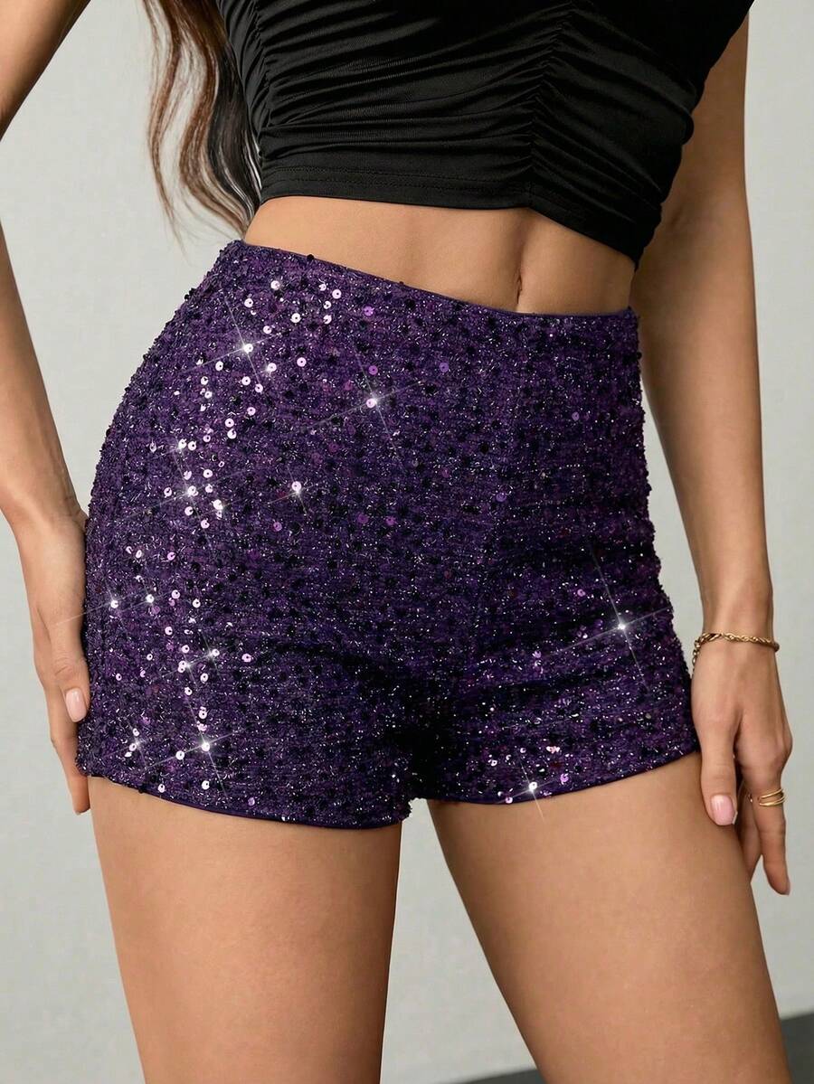 SHEIN Tall Sequin Embellished Slim Fit Shorts, Suitable For Party And Commute Bling Shorts Sequin Shorts Purple Shorts Sparkly Shorts Glitter Shorts High Waisted Shorts Purple Sequin Shorts Women's Sequin Shorts - Purple - View 1