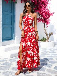 Vivid Eden Đầm hoa không tay khoét eo dành cho nữ, thích hợp cho kỳ nghỉ/du lịch, mùa xuân/hè. - Đỏ và trắng - Xem 4