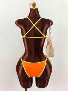 Amplova 女士交叉绑带露背连体泳衣，撞色包边，性感前卫，适合度假穿着 - 亮橙色 - 查看 2