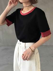 FRIFUL 女士春夏短袖撞色罗纹圆领休闲宽松百搭T恤 - 黑色 - 查看 3