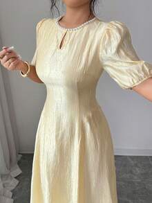 Modelyn Women's Elegant Puff Sleeve Cinched Waist Shiny Dress - Yellow - View 3