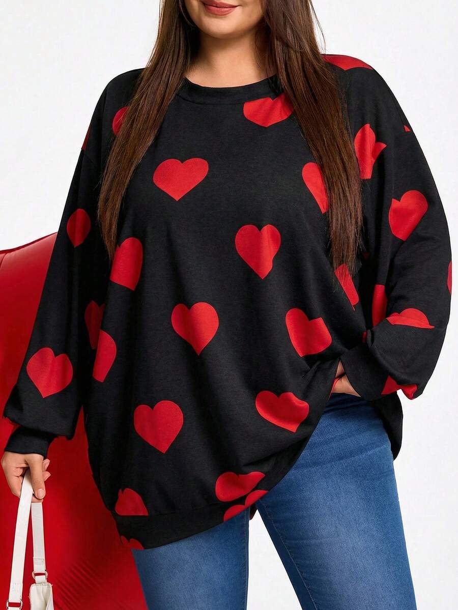 SHEIN CURVE+ 加大码/情人节/大码休闲宽松纽约印花圆领长袖卫衣,女款,秋冬款 - 黑色 - 查看 1