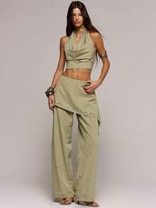 MUSERA 亚麻装饰垂褶前襟露背上衣和半身裙叠穿阔腿裤套装，春夏性感约会夜店节日假日外出度假灵魂纽带 - 軍綠色 - 查看 5