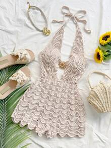 Soleia 女士度假卡其色钩编纹理露背V领金属点缀连体裤，性感沙滩连体裤，适合假日、约会、海滩度假、婚礼、派对、邮轮旅行、城市度假、波西米亚风度假、音乐节、嬉皮风、西部风等场合。 - 卡其色 - 查看 6