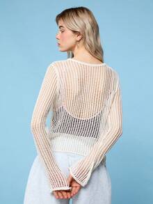 COUREZ 长袖开襟针织沙滩罩衫 / Y2K 夏季女装 可爱性感米色上衣 沙滩装 度假装 泳装 夏季度假外出装 - 淡黃色 - 查看 3