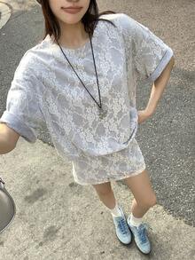 DAZY 女款蕾絲拼接白色迷你裙，高腰百搭夏季兩件套居家休閒短套裝，適合學校穿著 - 灰色 - 查看 3