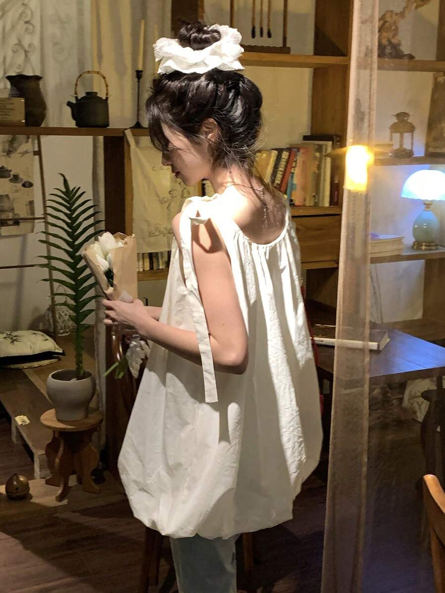 DAZY Women's Tie-Up Korean Style Casual Bow Tie Sleeveless Shirt Tank Top - White - View 1