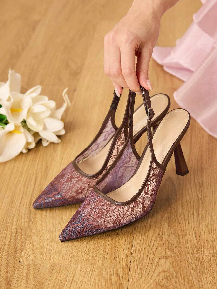 CUCCOO HITCHD 女士尖头蕾丝刺绣高跟鞋，优雅浪漫白色女士浅口鞋，新娘婚礼场合高跟鞋 - 摩卡棕 - 查看 1
